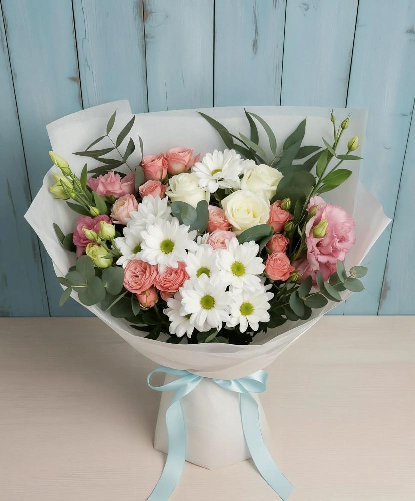 Букет цветов из: Розы, Лизиантусы и Хризантемы в Засечном