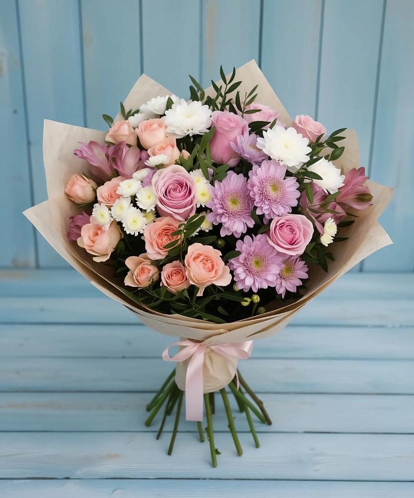 Букет цветов из: Хризантемы, Розы и Альстромерии в Засечном