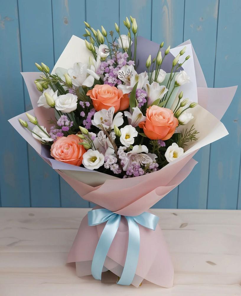 Букет цветов из: Лизиантусы, Розы, Альстромерии и Гипсофила в Засечном
