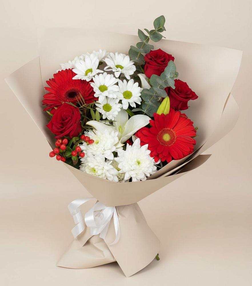 Букет цветов из: Розы, Хризантемы, Герберы и Лилии в Засечном