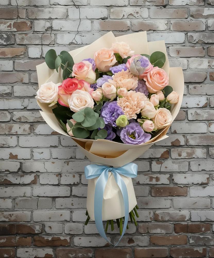 Букет цветов из: Розы, Лизиантусы и Гвоздики в Засечном