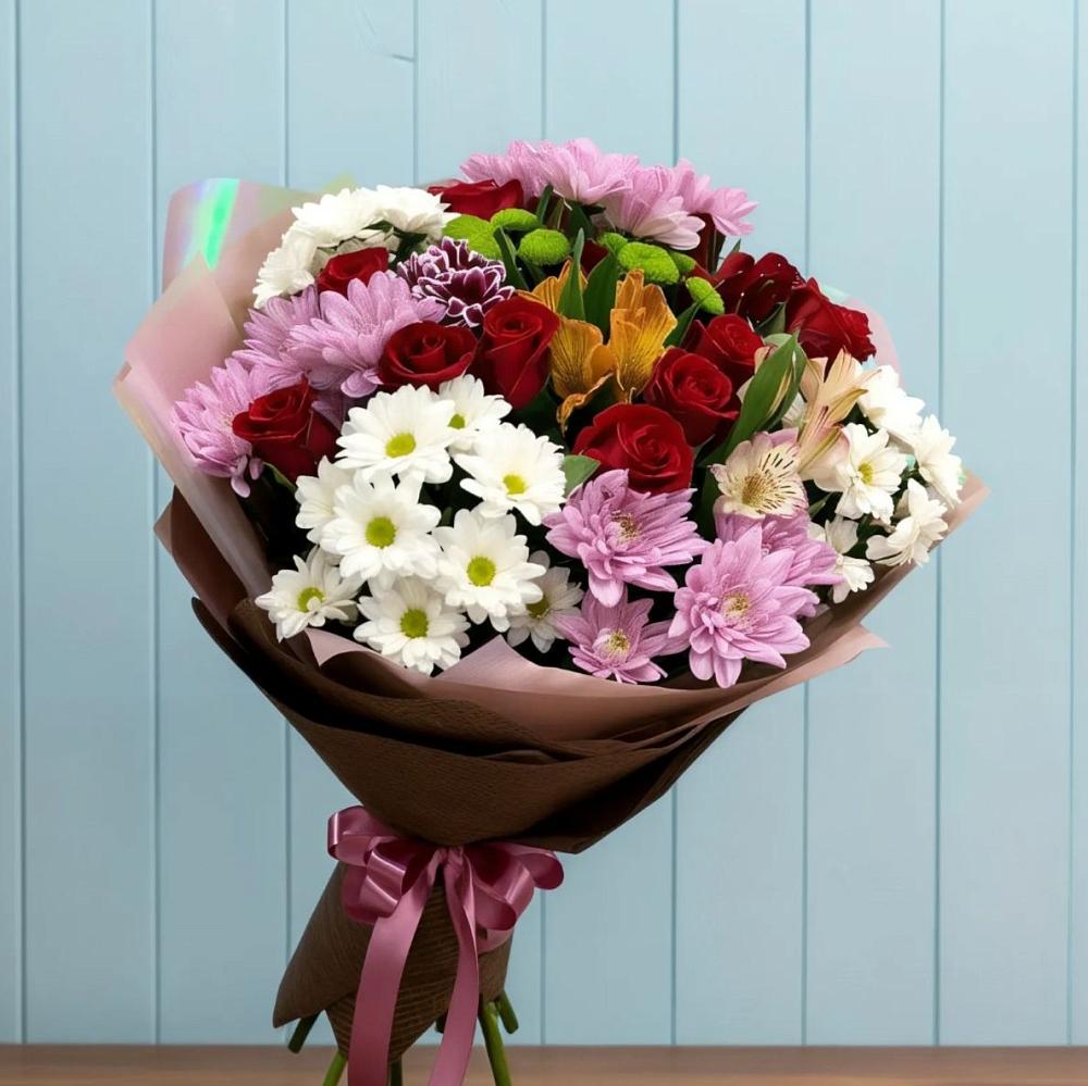 Букет цветов из: Розы, Хризантемы и Альстромерии в Засечном