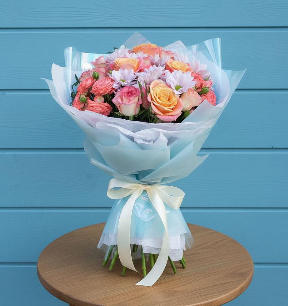 Букет цветов из: Хризантемы и Розы в Засечном