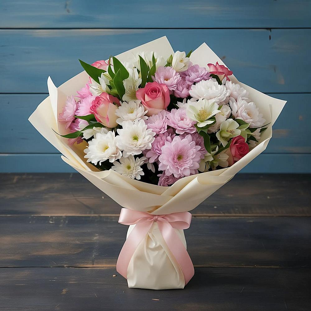 Букет цветов из: Хризантемы, Альстромерии и Розы в Засечном